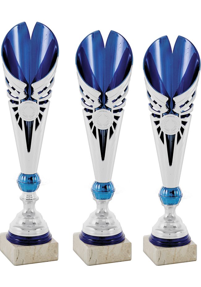 Trofeo copa semiabierta hoja bicolor plata/azul Trofeo copa semiabierta hoja bicolor plata/azul