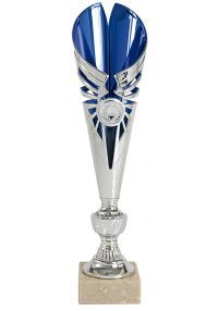 Trofeo copa semiabierta hoja bicolor plata/azul