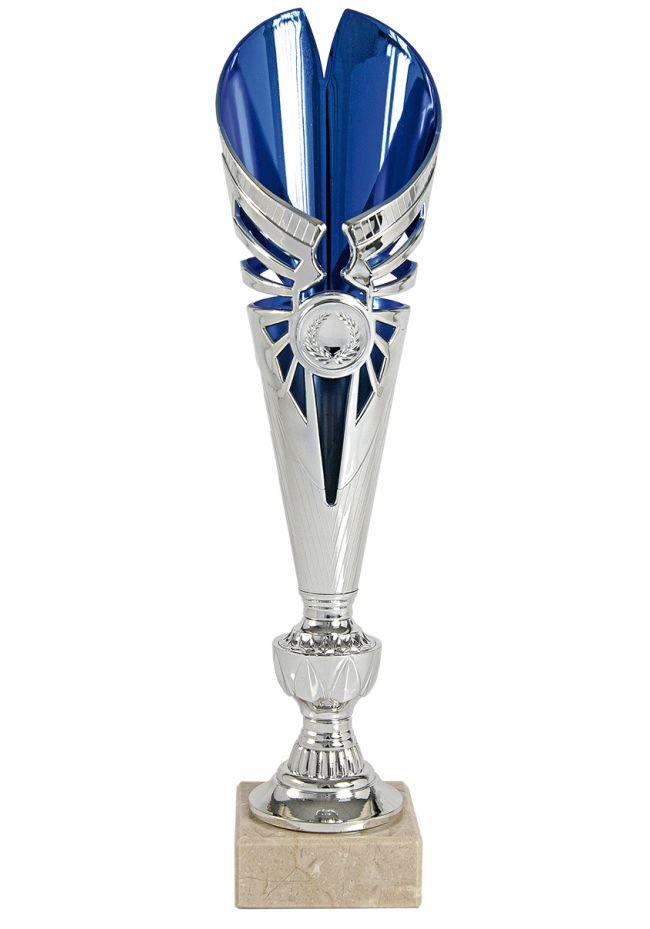 Trofeo copa semiabierta hoja bicolor plata/azul