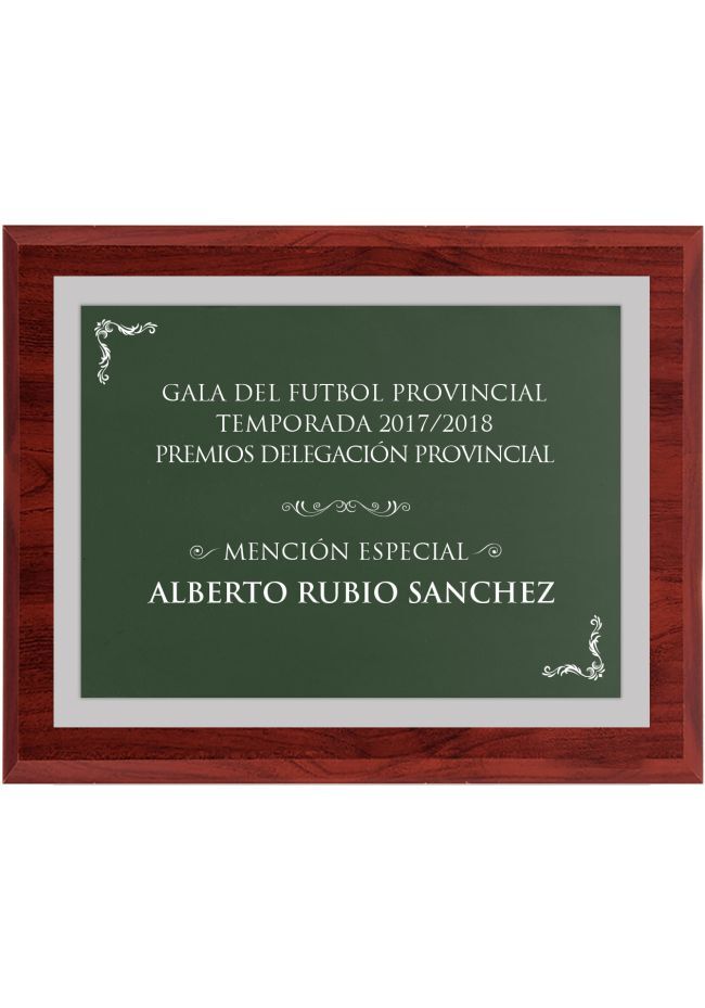 Green wood commemorative plaque with silver border
