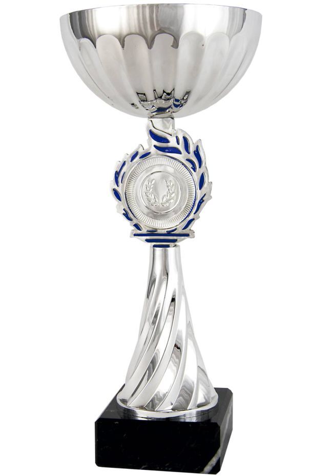 Silver and blue abstract cup trophy