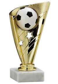 Golden soccer trophy with ball