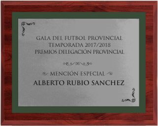 Wooden commemorative plaque in silver and green border