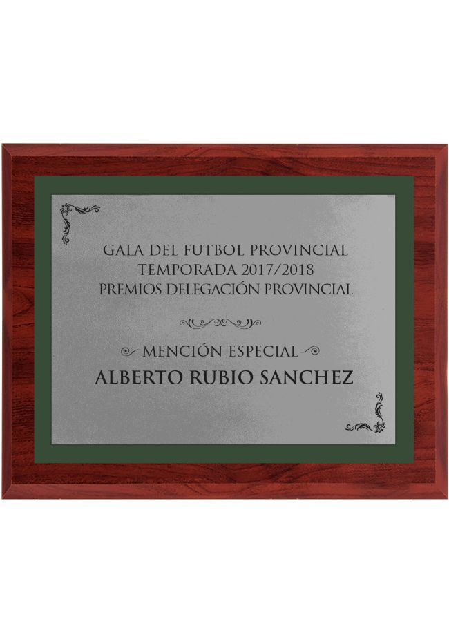 Wooden commemorative plaque in silver and green border