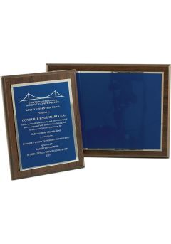 Commemorative wooden plaque in blue with silver border Thumb