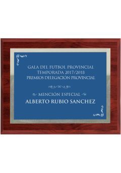 Commemorative wooden plaque in blue with silver border Thumb