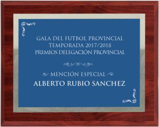 Commemorative wooden plaque in blue with silver border