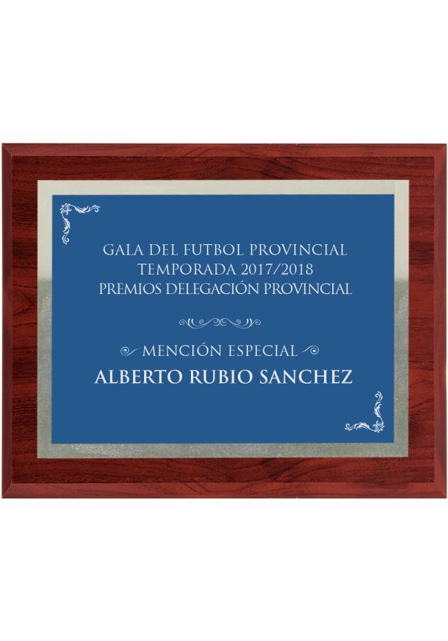 Commemorative wooden plaque in blue with silver border