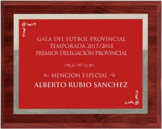 Commemorative wooden plaque in red with silver border