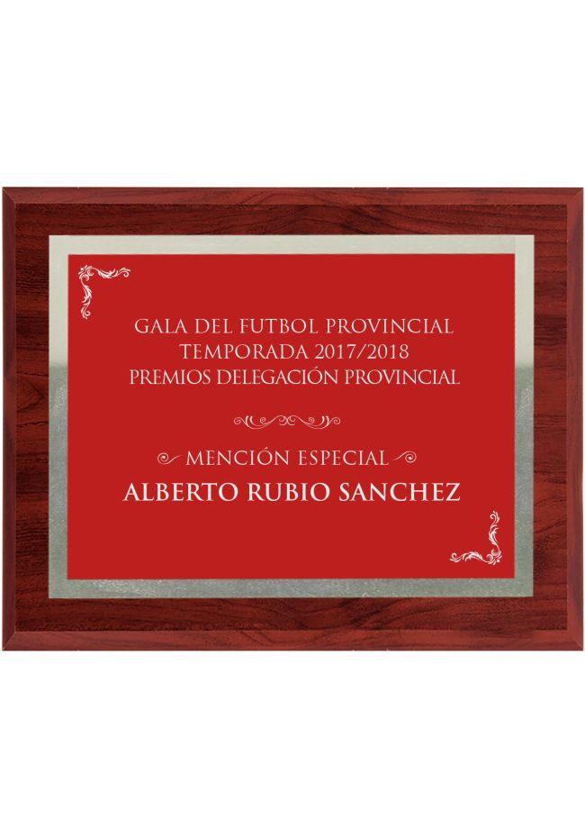 Commemorative wooden plaque in red with silver border