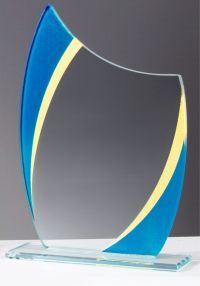 Trophée en verre bleu et jaune