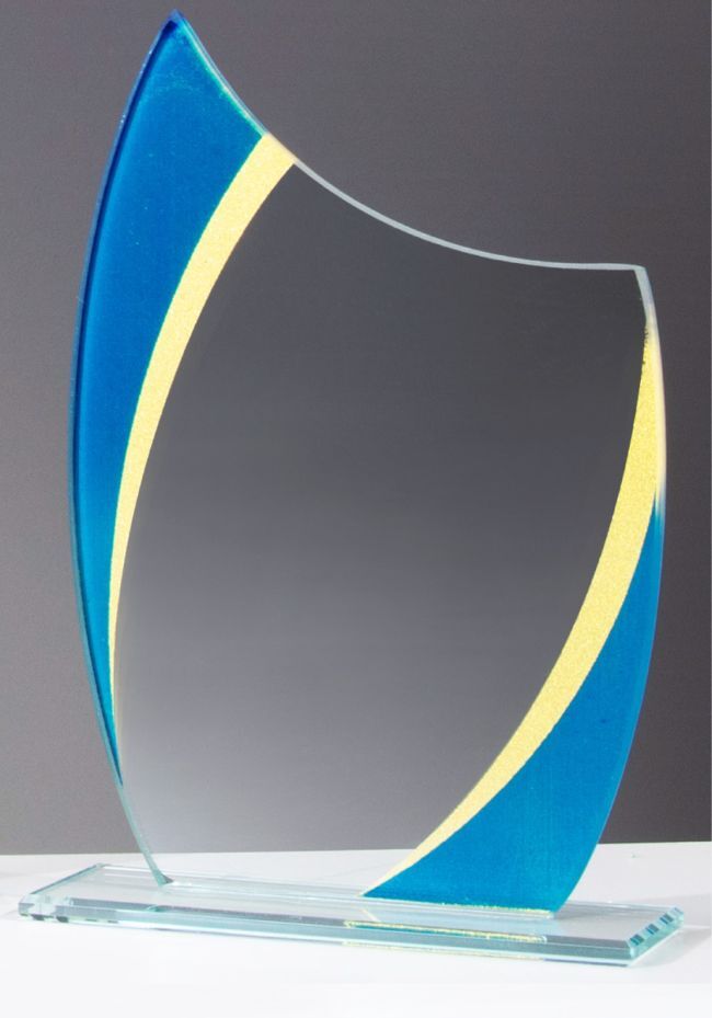 Trofeo de cristal azul y amarillo