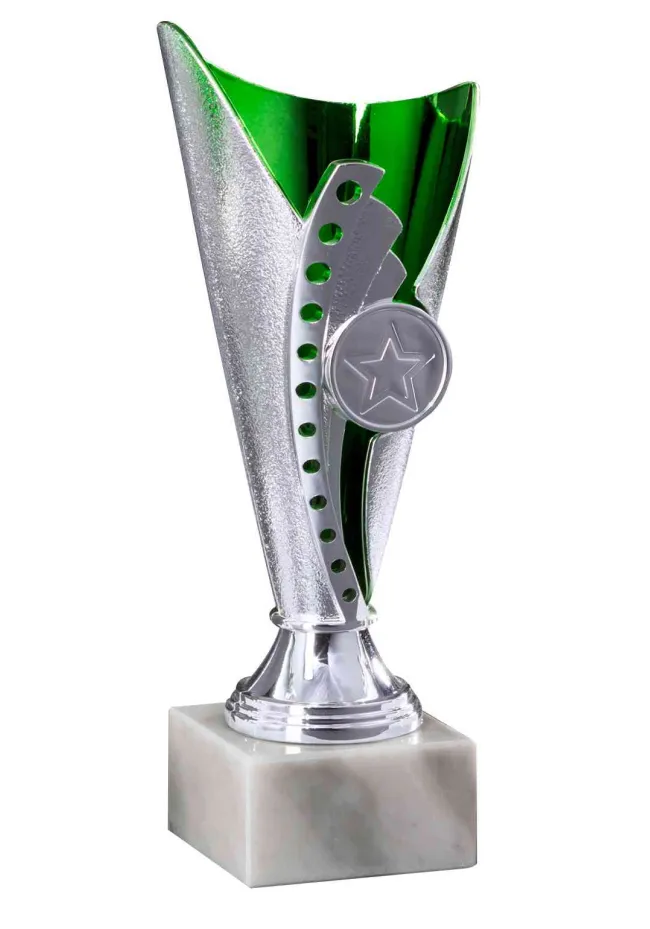 Green parchment-shaped cup-shaped award with a disc holder Green parchment-shaped cup-shaped award with a disc holder