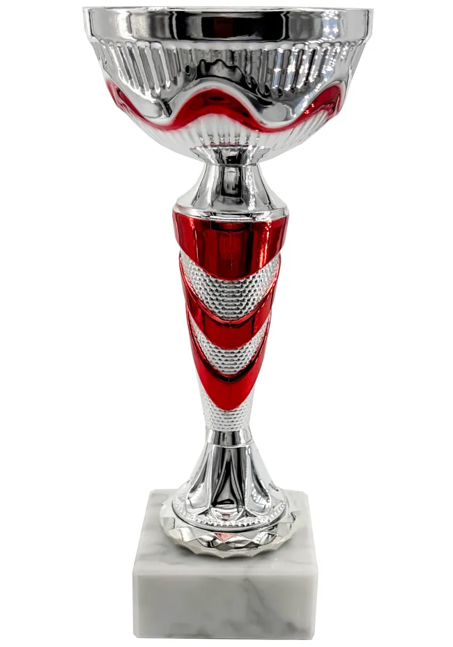 Silver and red metal trophy cup