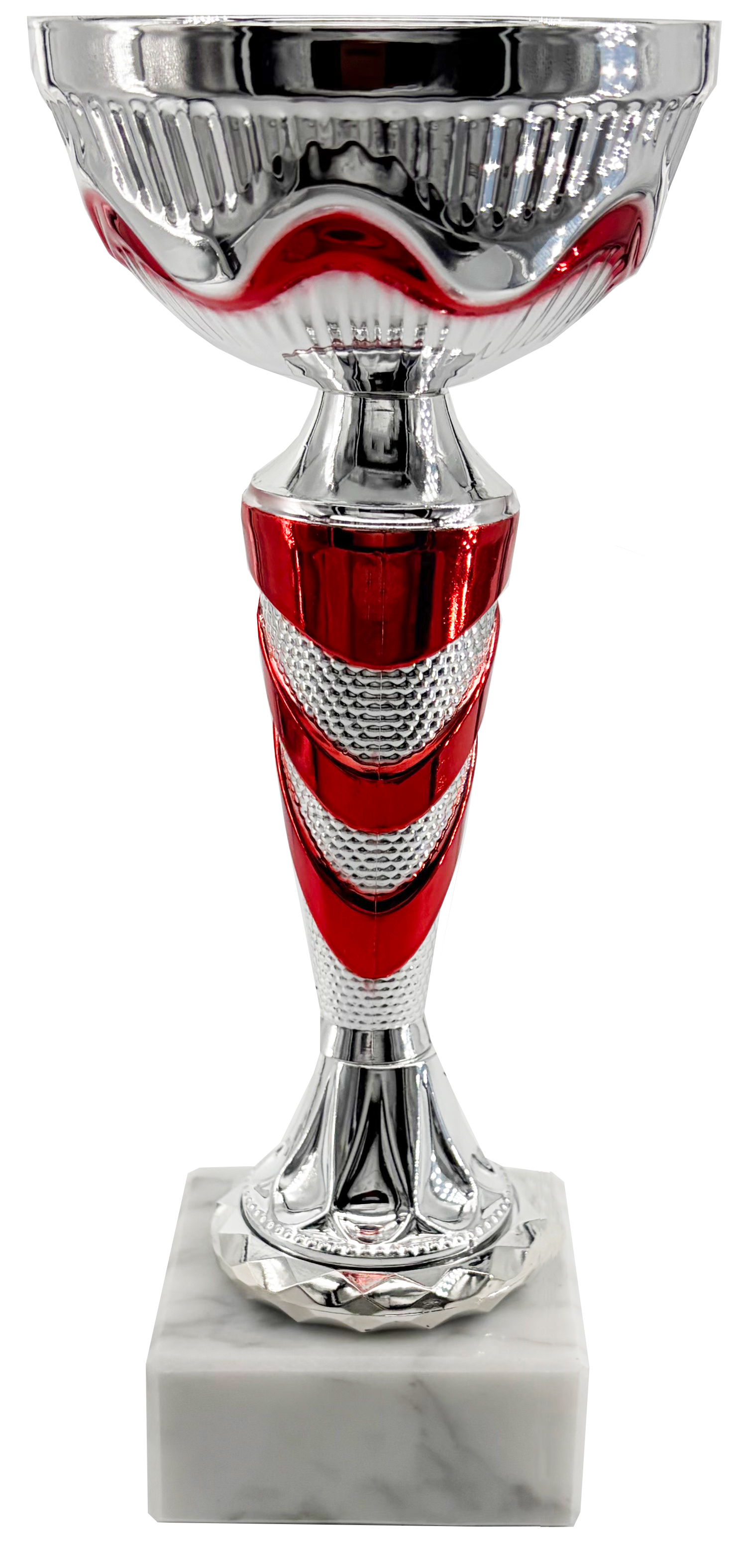 Trofeo copa de metal en color plata y rojo