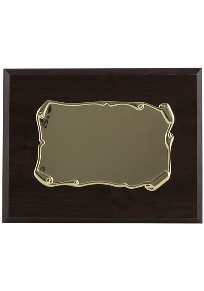 Placa de homenaje forma pergamino enrollado dorado soporte nogal Placa de homenaje forma pergamino enrollado dorado soporte nogal