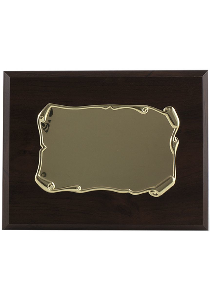 Placa de homenaje forma pergamino enrollado dorado soporte nogal