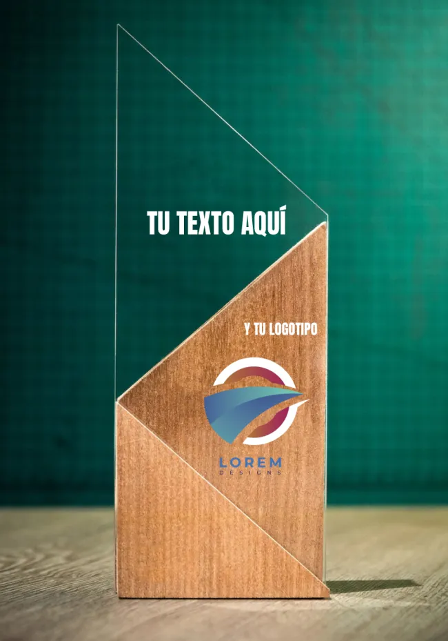 Trofeo de cristal acrílico y madera de roble