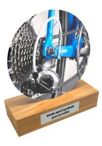 Trofeo di metacrilato e base in legno di ciclismo
