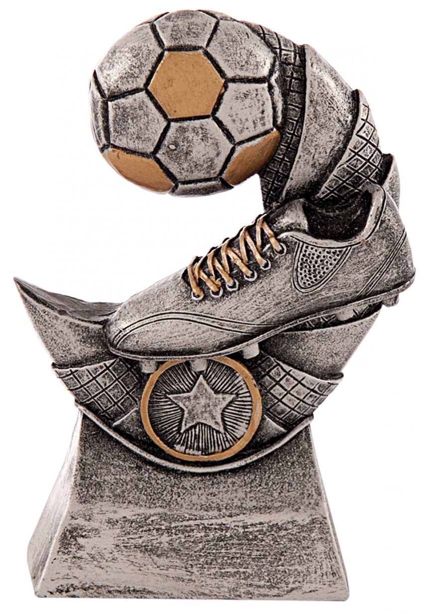 Trofeo bota y balón de fútbol en media luna