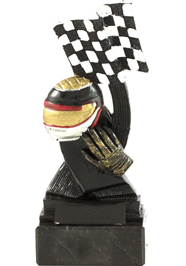 Trofeo de automovilismo bandera y casco