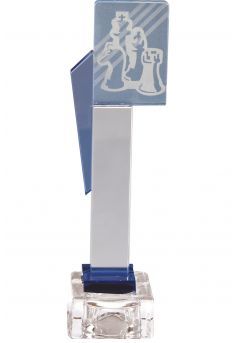 Trofeo de cristal cuerpo prisma detalle azul aplique color deportivo base cristal Thumb