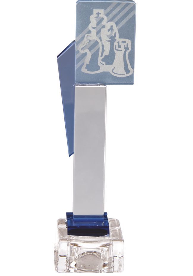 Trofeo de cristal cuerpo prisma detalle azul aplique color deportivo base cristal