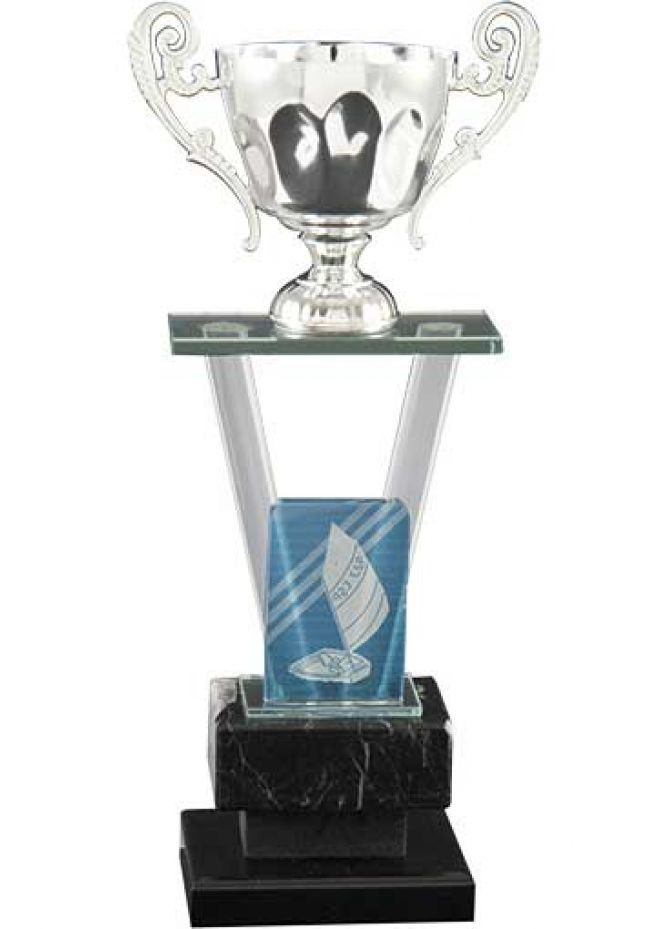 Trofeo de cristal copa columna v aplique color deportivo base mármol