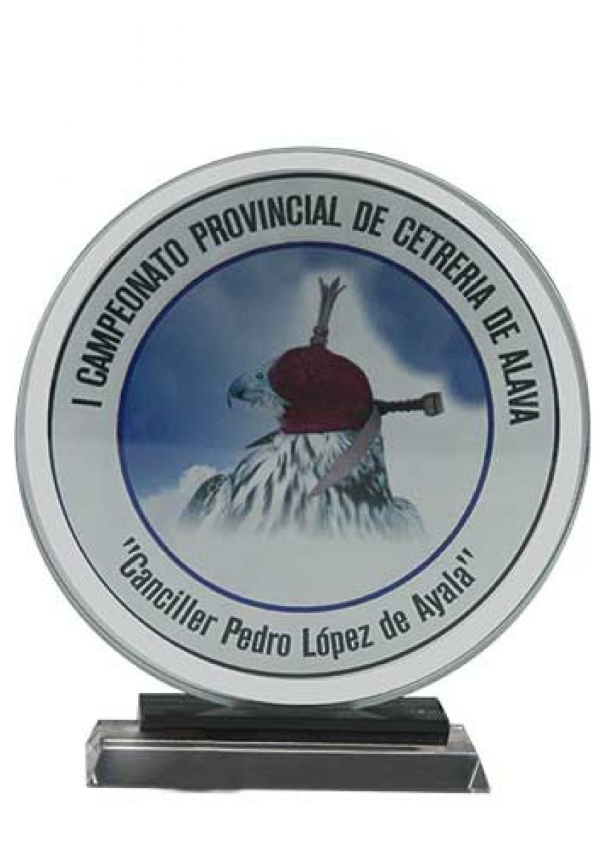Trofeo de cristal circular impreso color soporte negro base aluminio