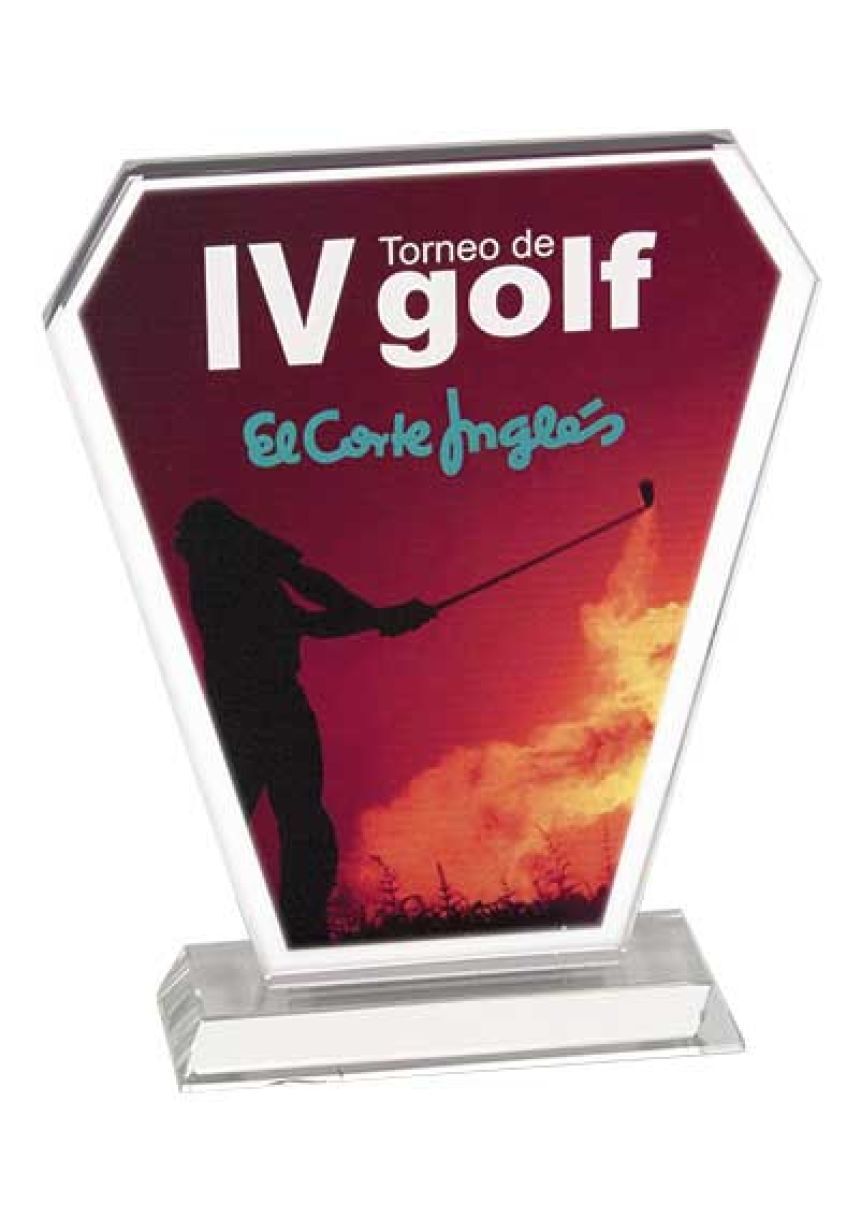 Trofeo de cristal forma esquela impreso color base aluminio