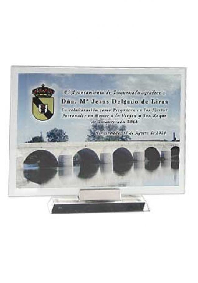 Trofeo de cristal rectangular impreso color soporte aluminio base aluminio Trofeo de cristal rectangular impreso color soporte aluminio base aluminio