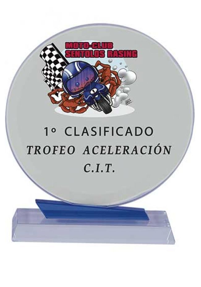 Trofeo de cristal circular impreso color soporte azul base cristal