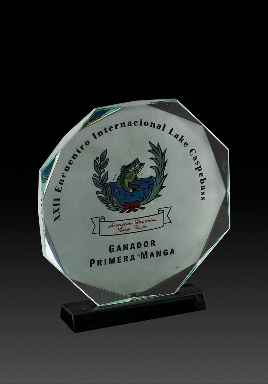 Trofeo de cristal octogonal con imagen en color