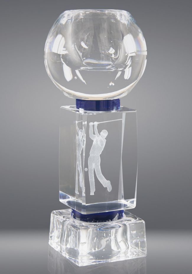 Trofeo de cristal forma esférica cuerpo cristal detalle azul base cristal