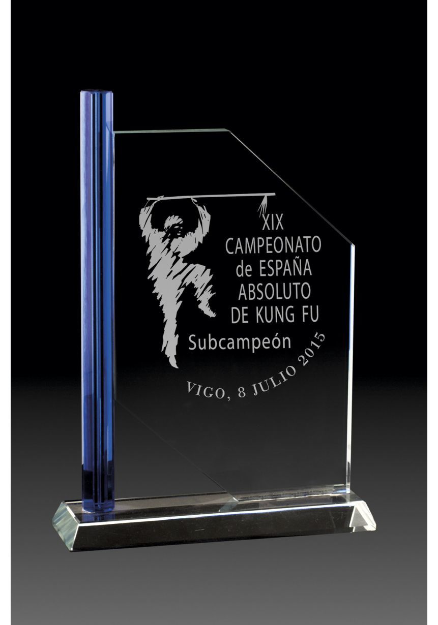 Trofeo de cristal columna lateral azul base rectangular aluminio