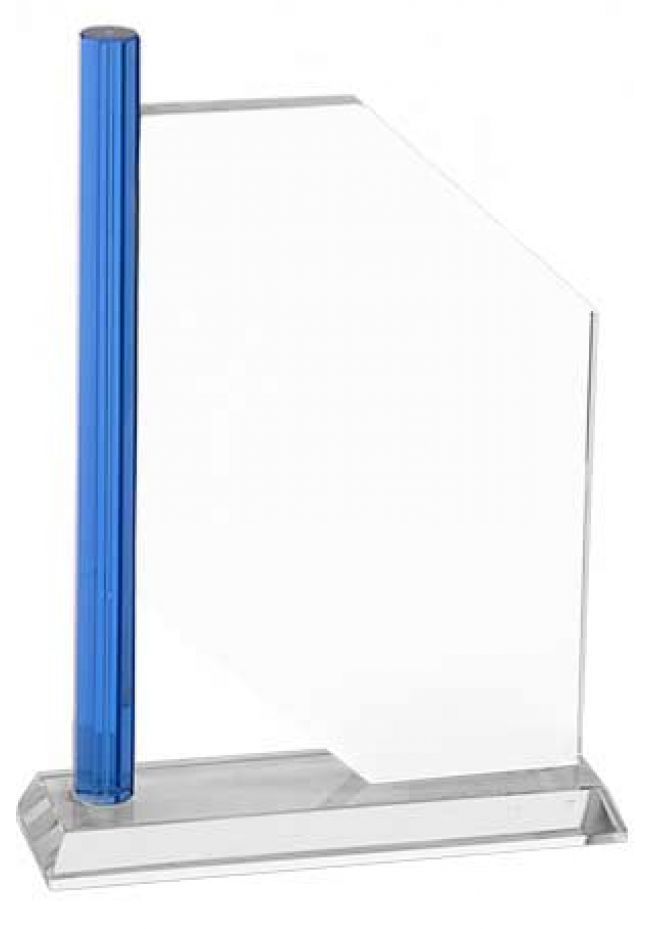 Trofeo de cristal columna lateral azul base rectangular aluminio