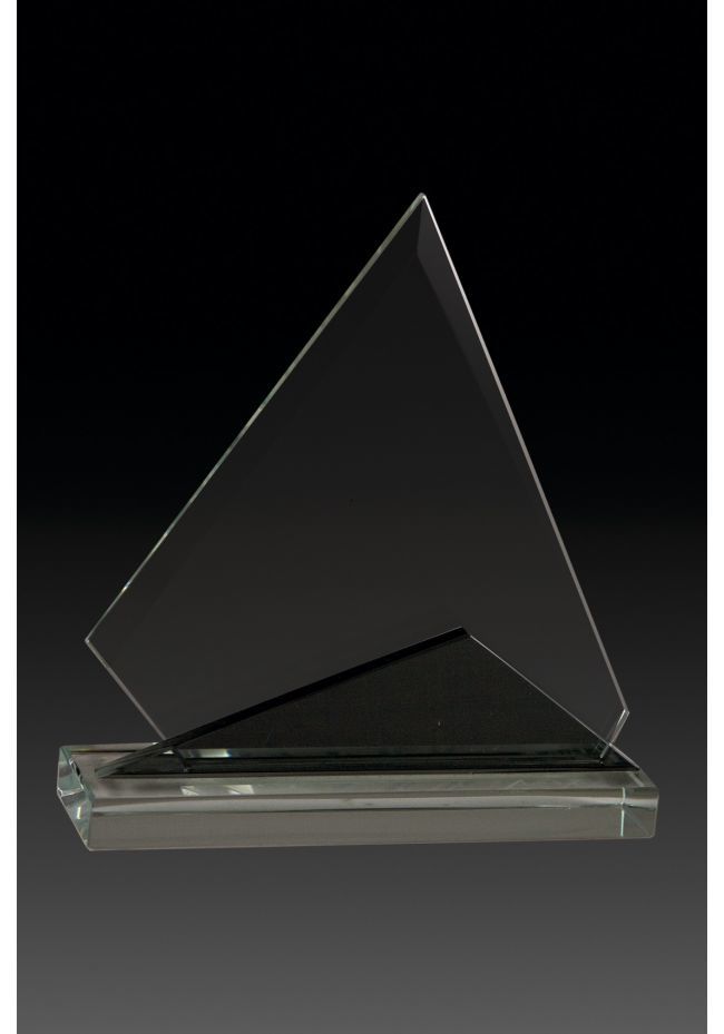 Trofeo de cristal piramidal doble bicolor negro-cristal, base rectangular cristal
