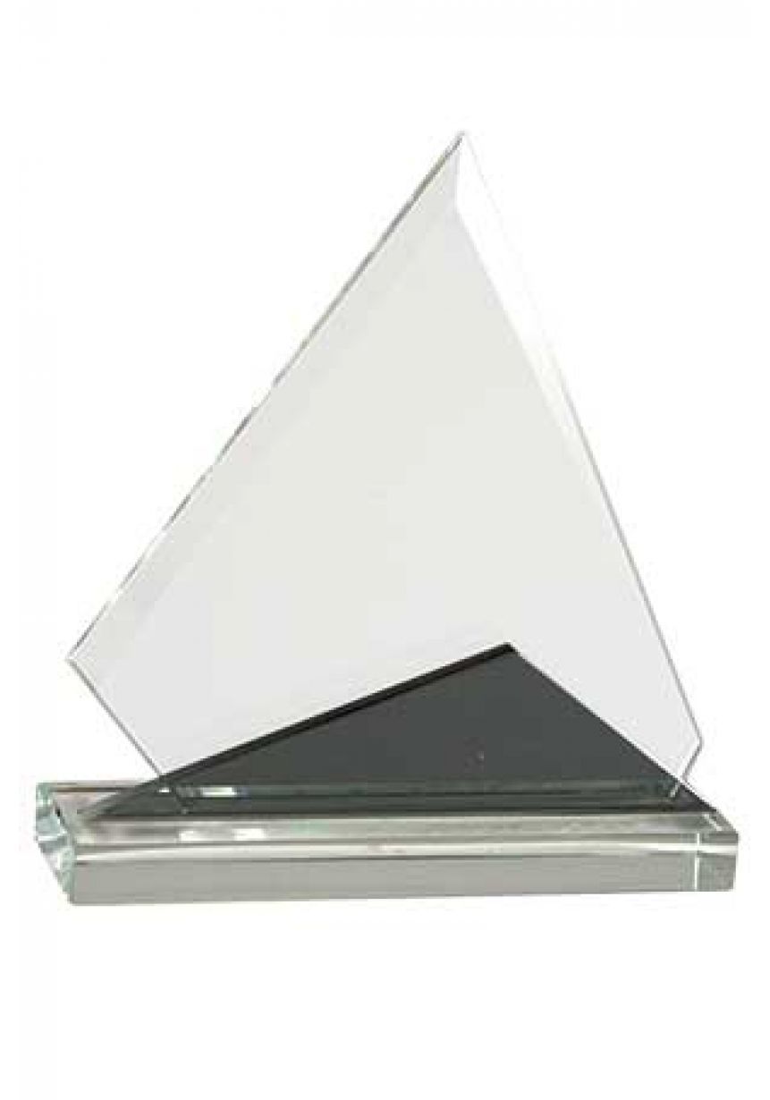 Trofeo de cristal piramidal doble bicolor negro-cristal, base rectangular cristal