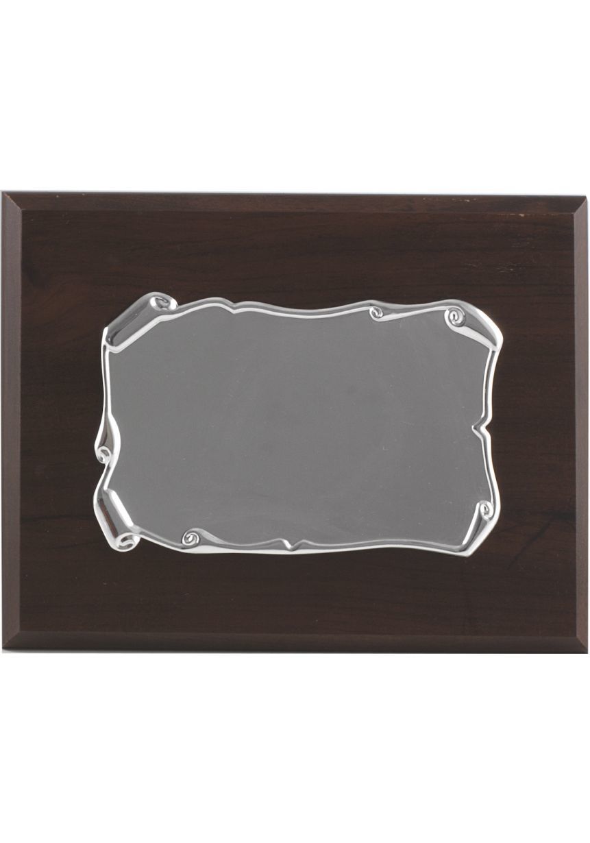 Placa de homenaje forma pergamino enrollado dorado soporte nogal