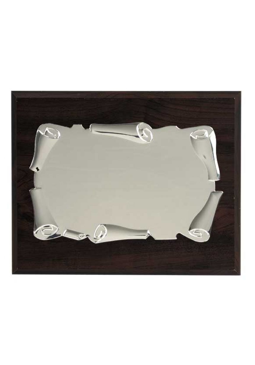 Placa de homenaje forma pergamino enrollado aluminio soporte nogal