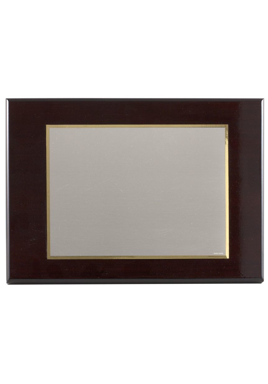 Placa de homenaje bañado en plata con forma rectangular y marco biselado