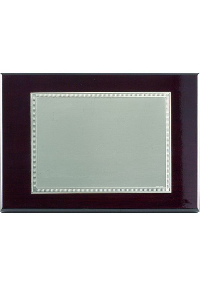 Placa de homenaje bañado en plata con forma rectangular y marco labrado