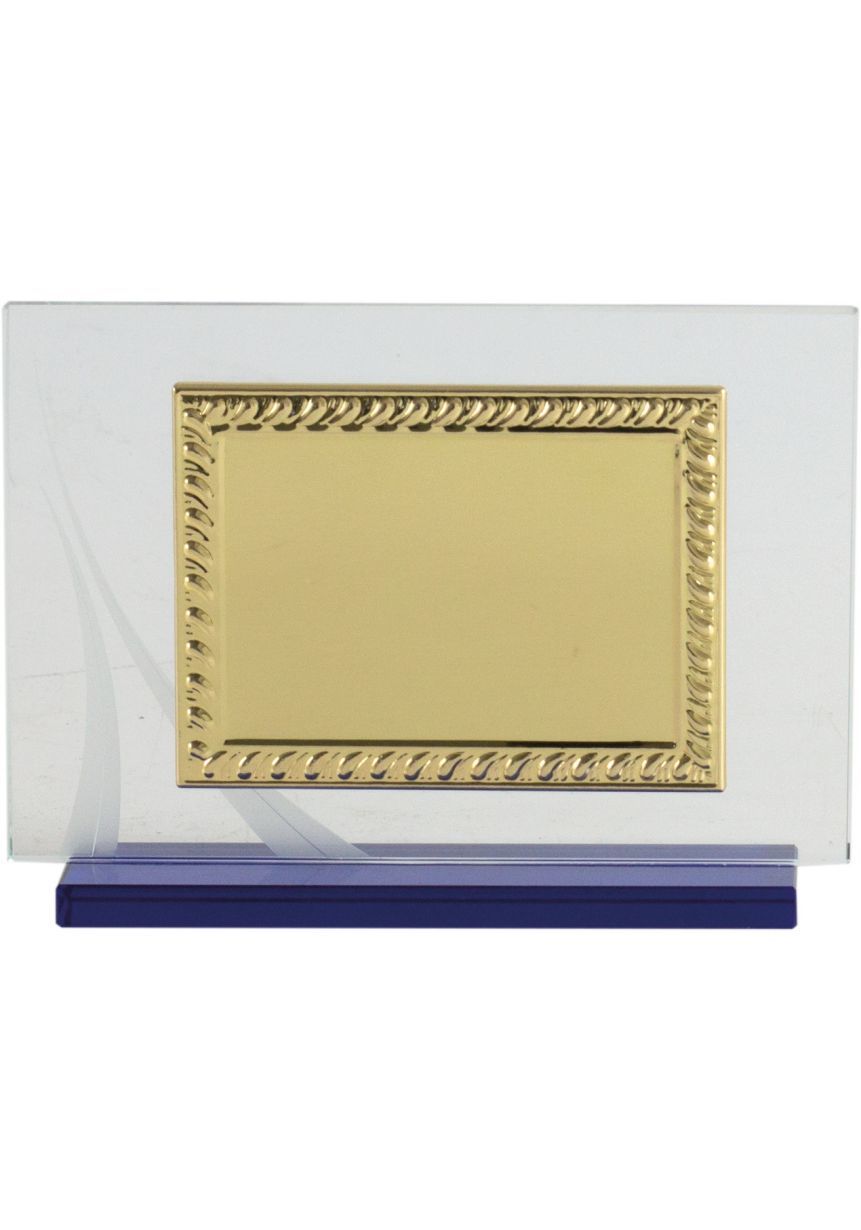 Placa de homenaje cristal en forma rectangular con marco labrado dorado y columna plateada en el lateral
