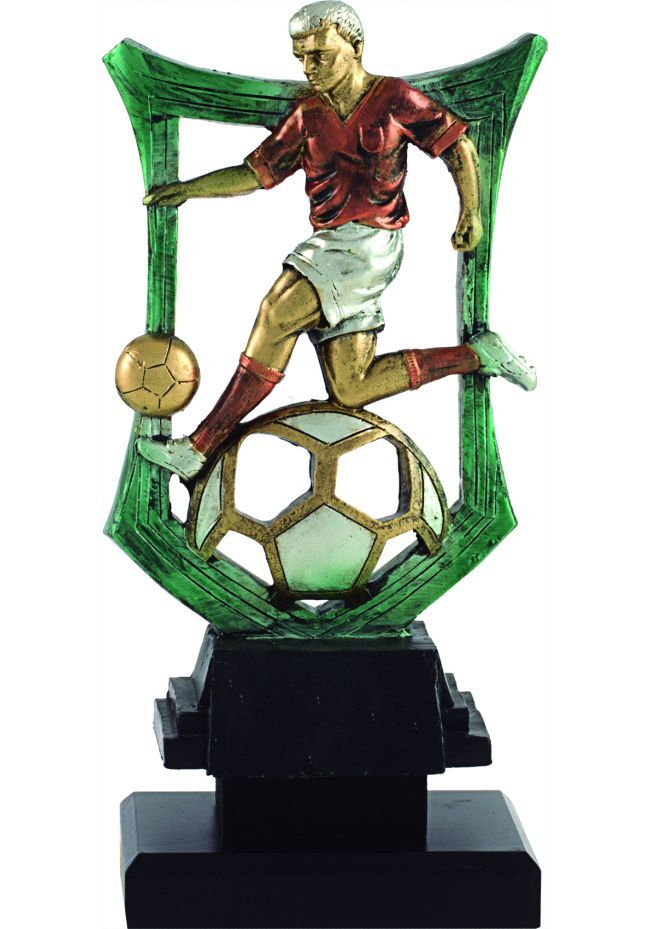 Trofeo de futbol con figura y marco verde