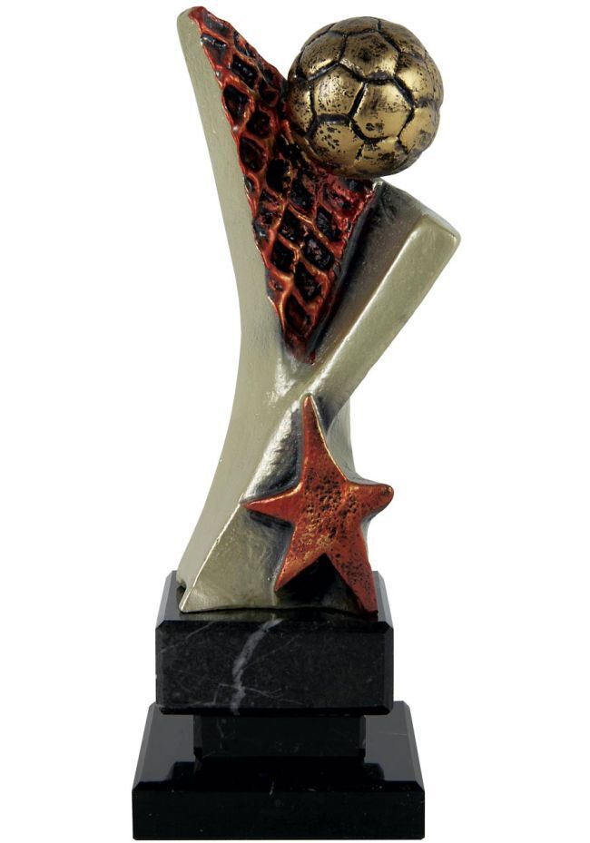 Trofeo de futbol con figura y marco rojo